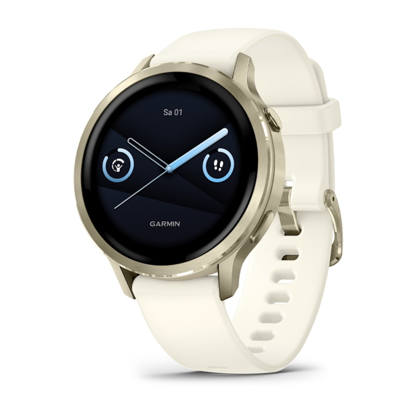 Garmin Venu® 4 – 41 mm, Beige/Lunargold mit Schnellwechsel-Silikon-Armband 18 mm Bone
